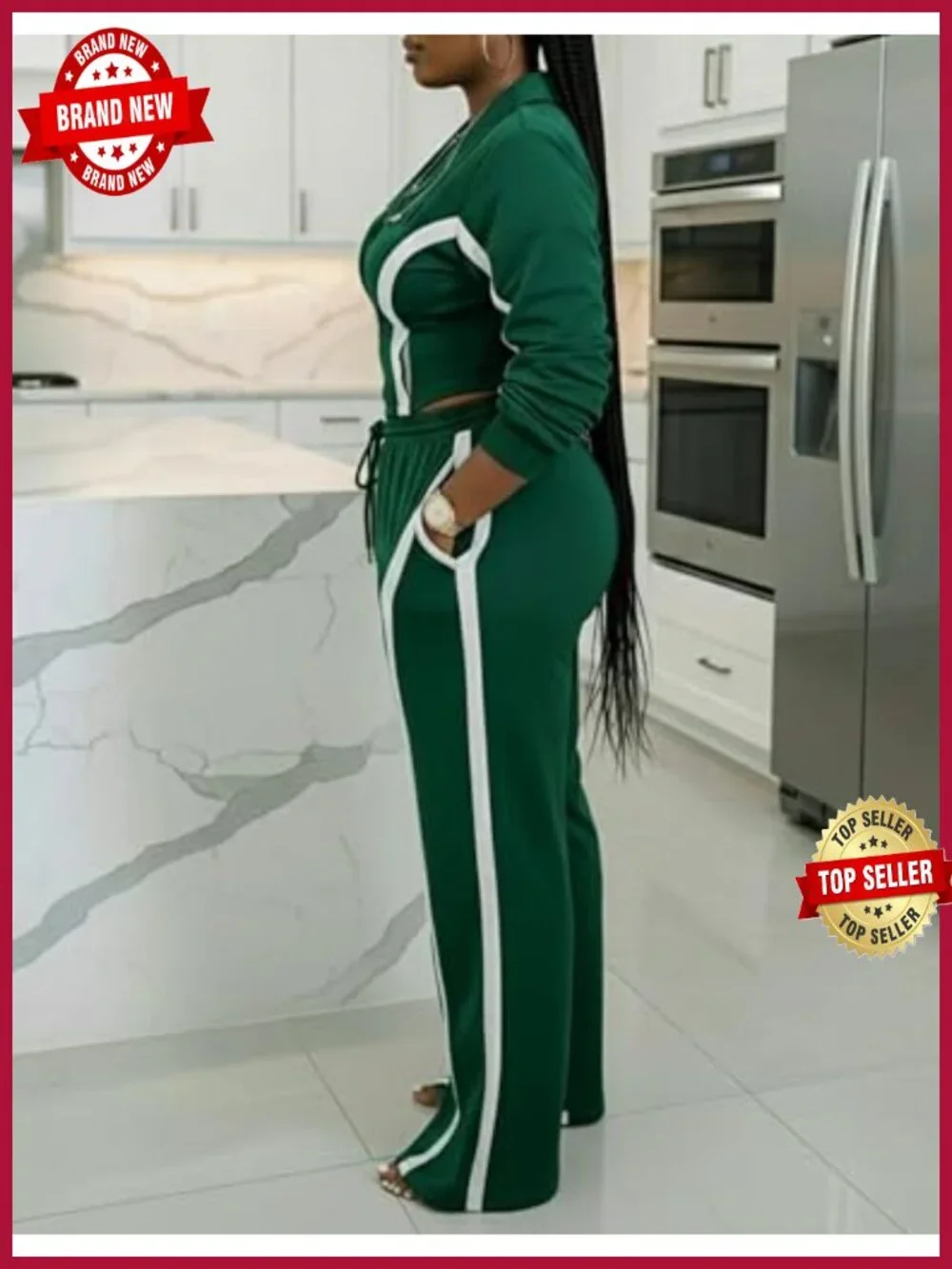 Women Striped Two Piece Tracksuit Set Long Sleeve Zip Up Jacket Wide Leg Pants
